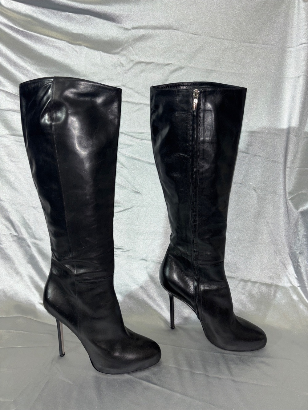 Sergio Rossi Black Leather Knee-High Stiletto Boots
